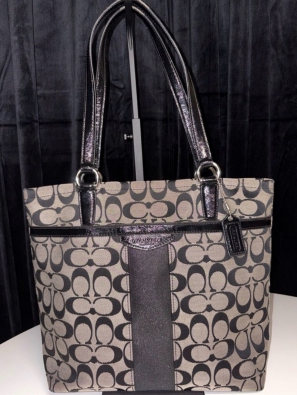 Coach Signature Canvas Tote - Black PatentLeather Trim EUC